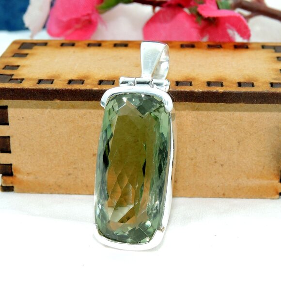 Green Amethyst Cut Pendant, 925 Sterling Silver, Green Cushion Cut Big Pendant - Picture 4 of 6